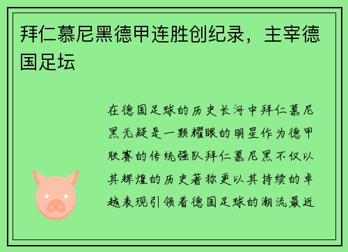 拜仁慕尼黑德甲连胜创纪录，主宰德国足坛