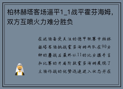 柏林赫塔客场逼平1_1战平霍芬海姆，双方互喷火力难分胜负